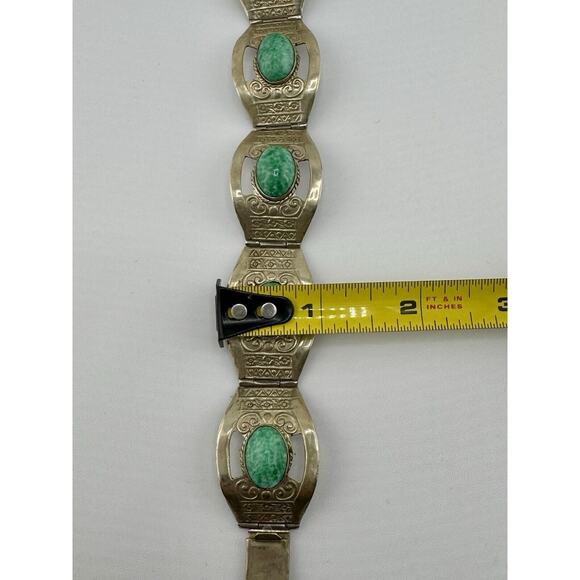 925 Sterling Silver Vintage Mexico Jade Peking Glass Panel Link Bracelet - Picture 9 of 10